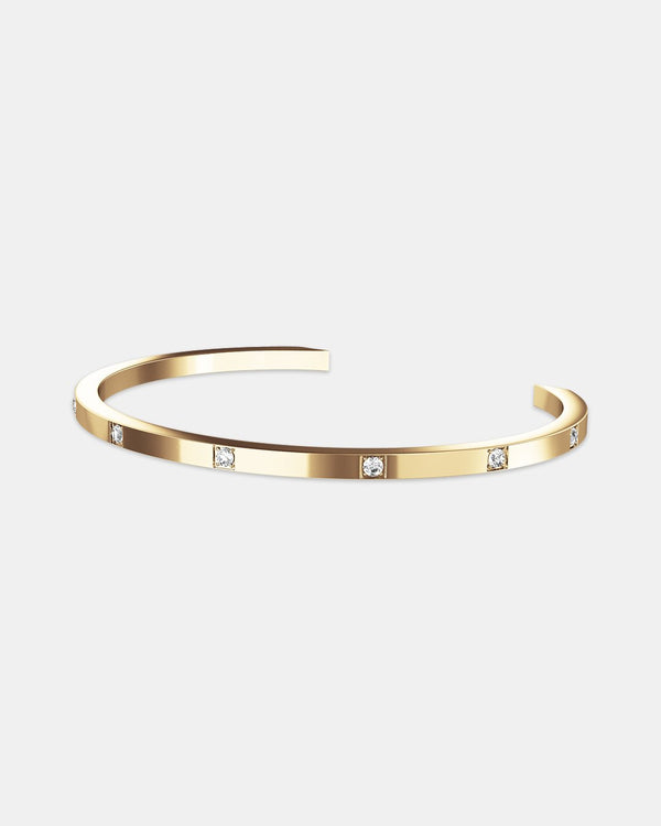 A plated stainless steel bangle in 14k gold from Waldor & Co. One size. The model is Brilliant Bangle Polished