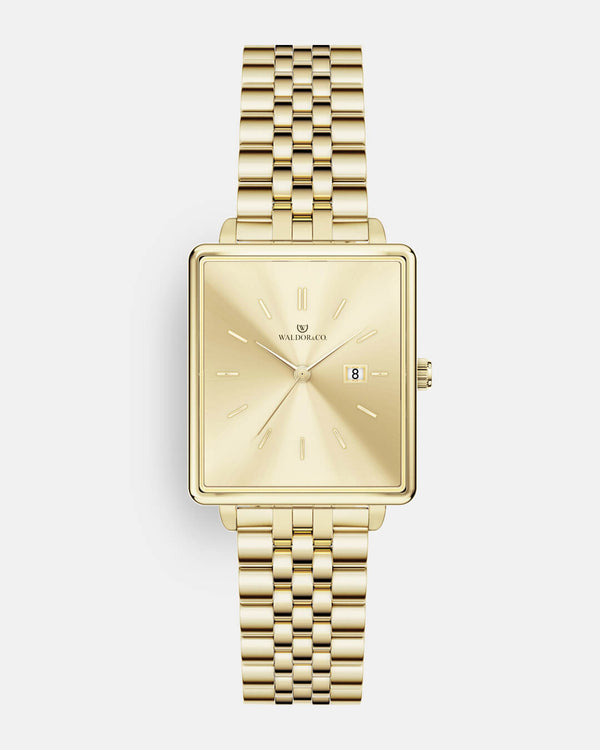A square womens watch in 14k gold from Waldor & Co. with gold sunray dial and a second hand. Seiko movement. The model is Delight 32 Chelsea 28x32mm. 