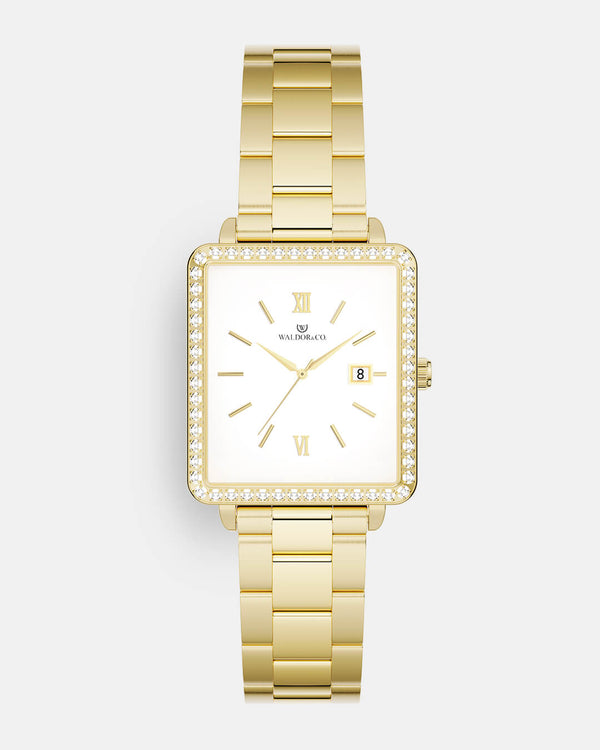 A square womens watch in 22k gold-plated 316L stainless steel with stones from WALDOR & CO. with black sunray dial and a second hand. Seiko VJ22 movement. The model is Delight 32 Mayfair 28x32mm. 