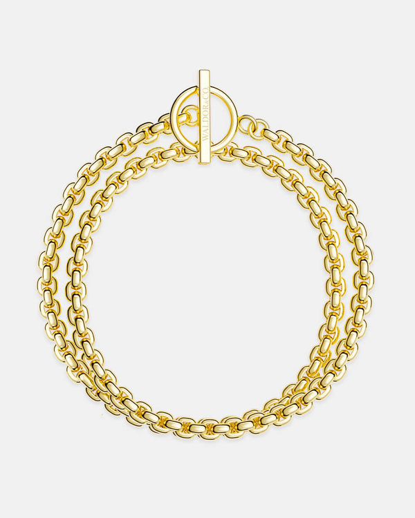 A plated stainless steel chain in 14k gold from Waldor & Co. The model is Dual Chain Polished 